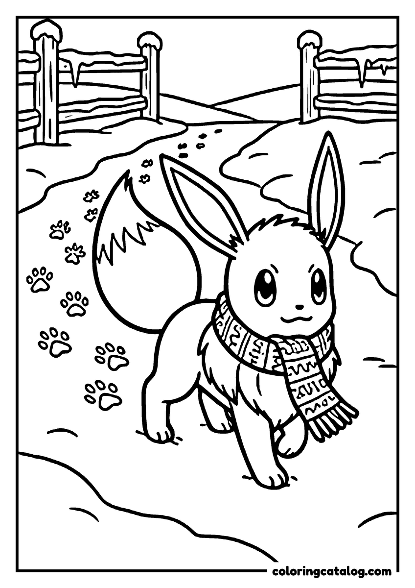 Free printable coloring sheet: Eevee wearing a knitted scarf on a snowy path, paw prints trailing behind it