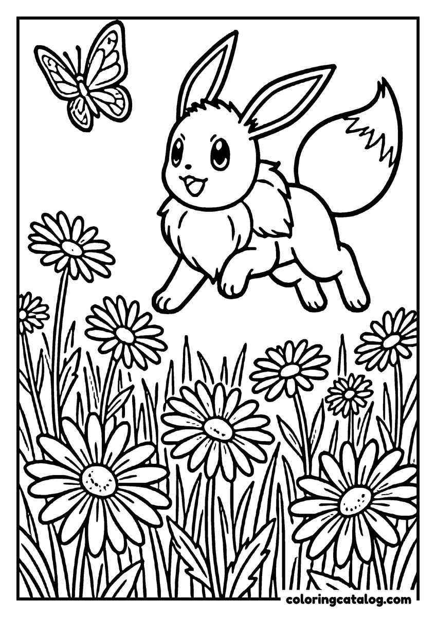 Coloring page: Eevee bounding through tall daisies after a butterfly