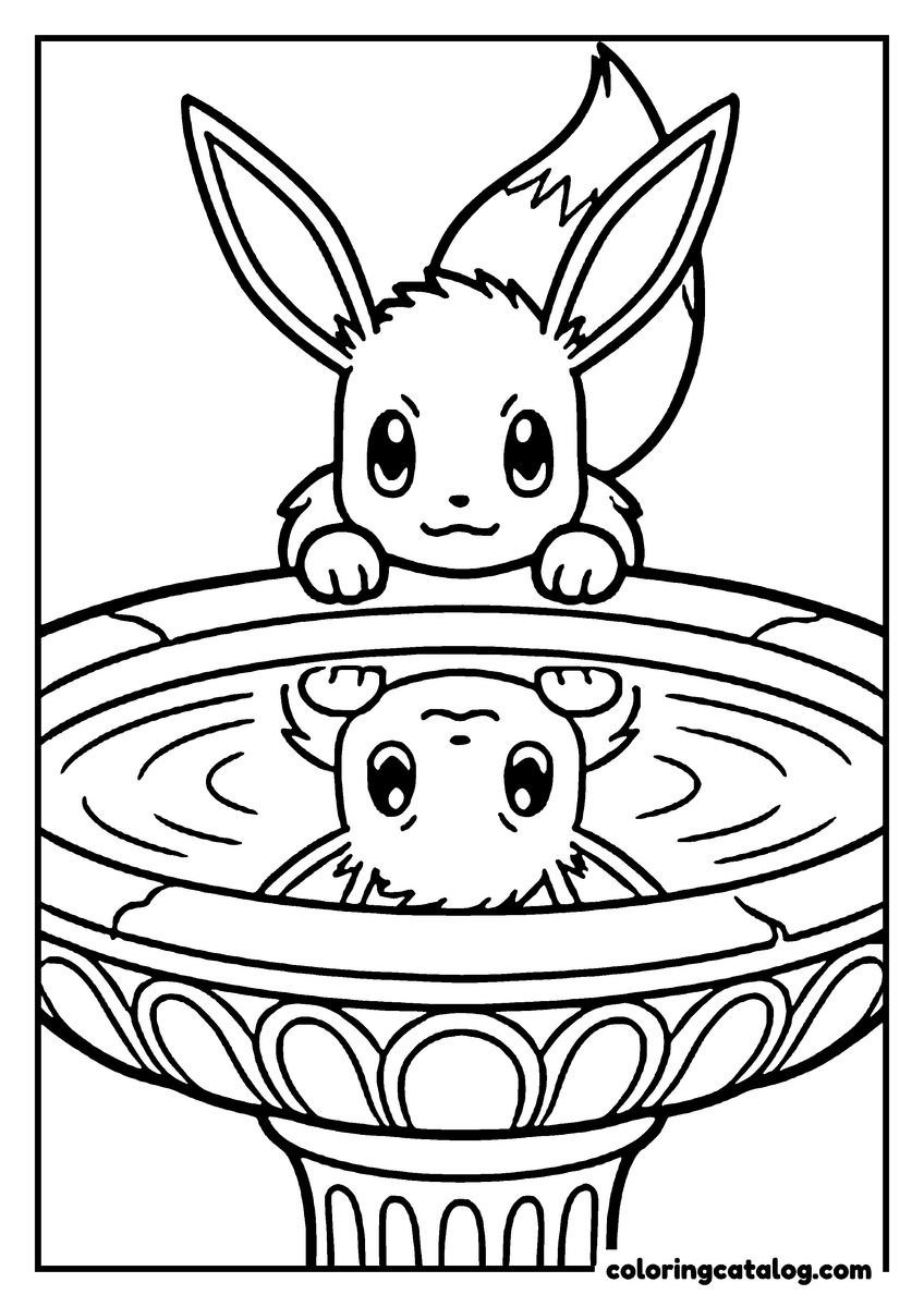 Free printable coloring sheet: Eevee peering over the rim of a stone birdbath at its own reflection