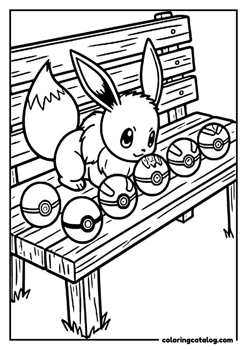 Free printable coloring sheet: Eevee sitting on a wooden park bench surrounded by scattered Poké Balls