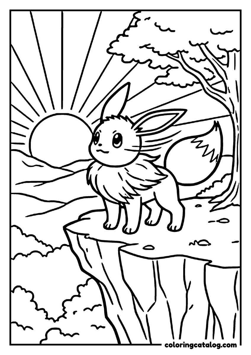 Coloring page: Eevee standing at the edge of a cliff watching the sun rise over the hills