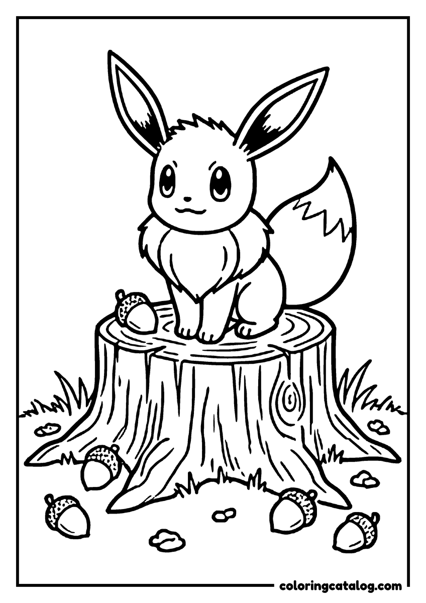Free printable coloring sheet: Eevee sitting on a cut tree stump with acorns scattered in the grass