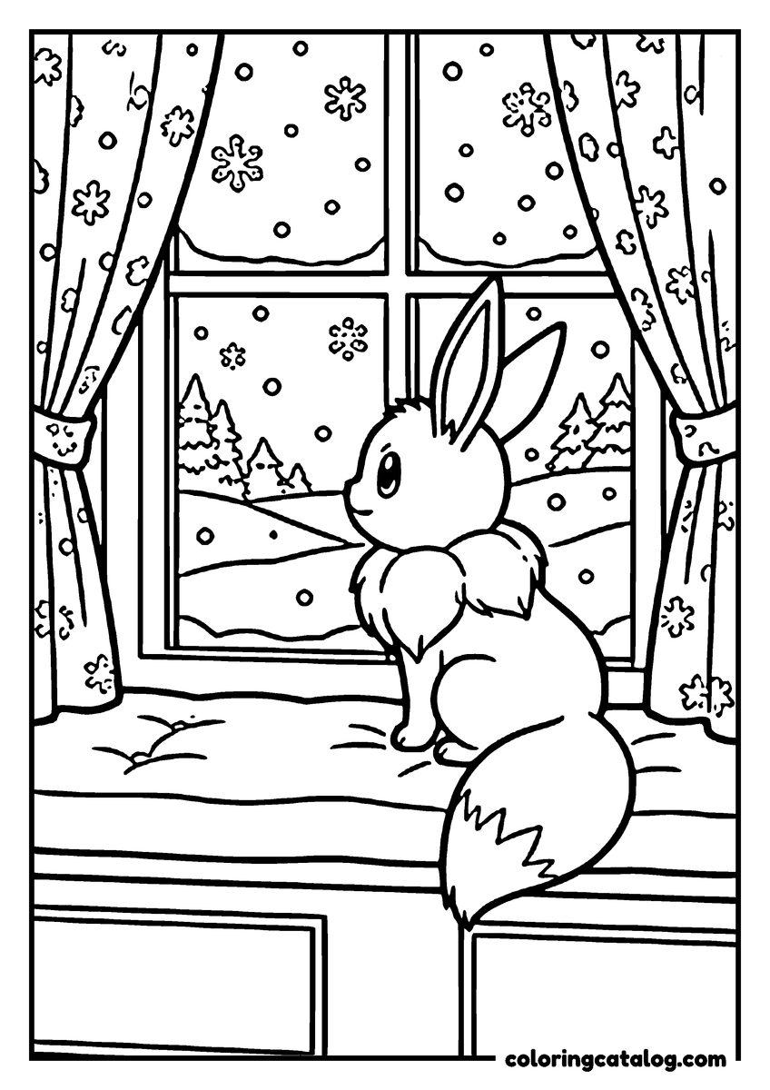 Free printable coloring sheet: Eevee sitting on a window seat between the curtains, watching snow fall outside