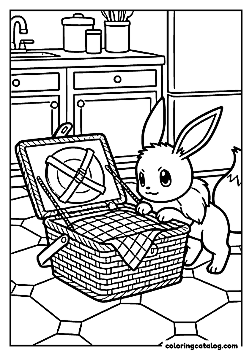 Free printable coloring sheet: Eevee nosing open a picnic hamper on a kitchen floor beside the cupboards