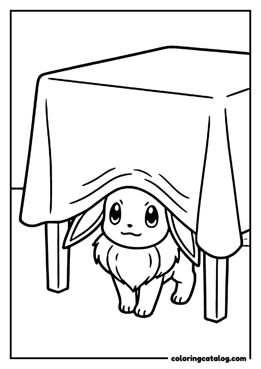 Coloring page: Eevee poking its head out from under a draped tablecloth