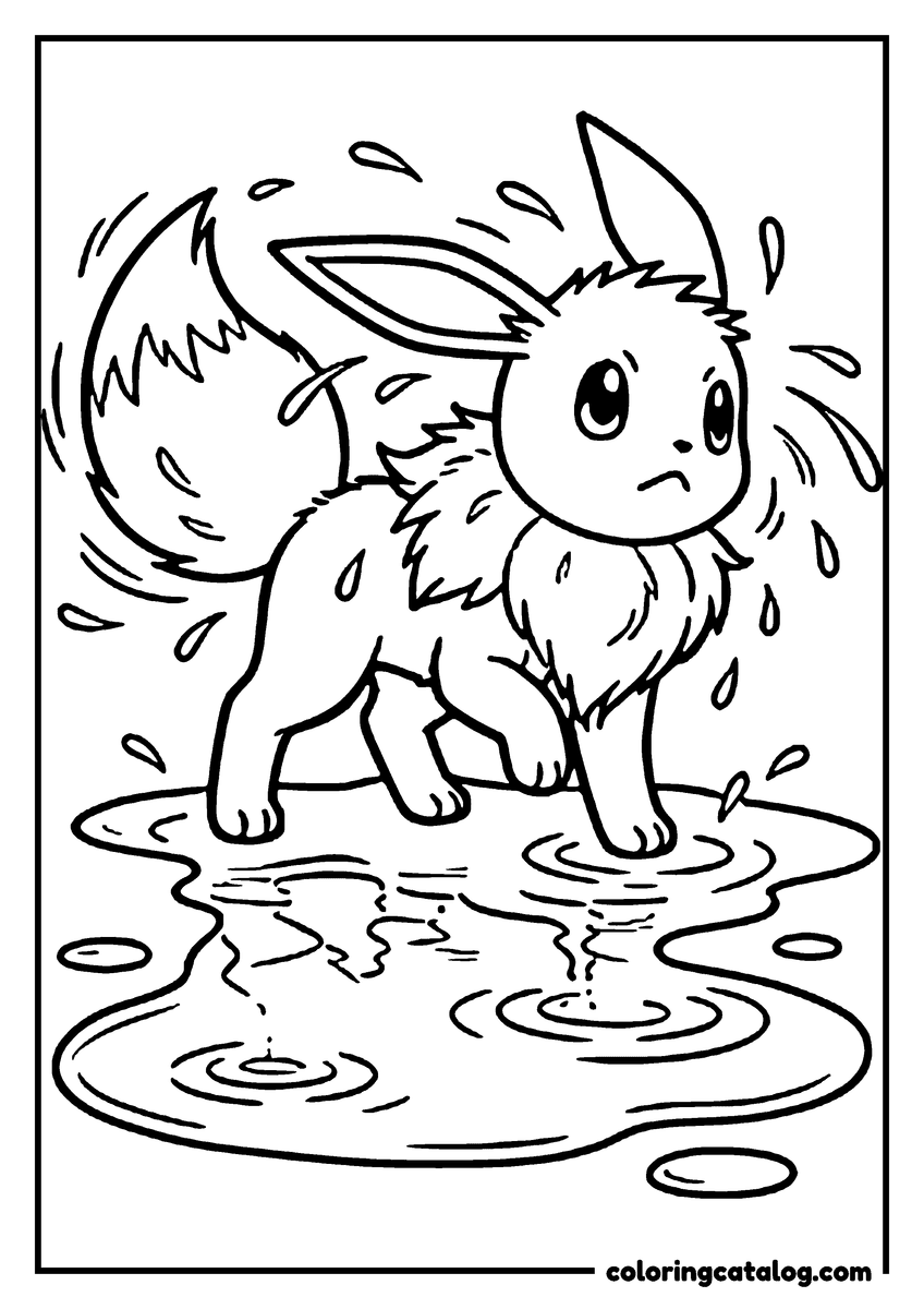 Coloring page: Eevee standing in a puddle and shaking the water out of its fur, droplets flying