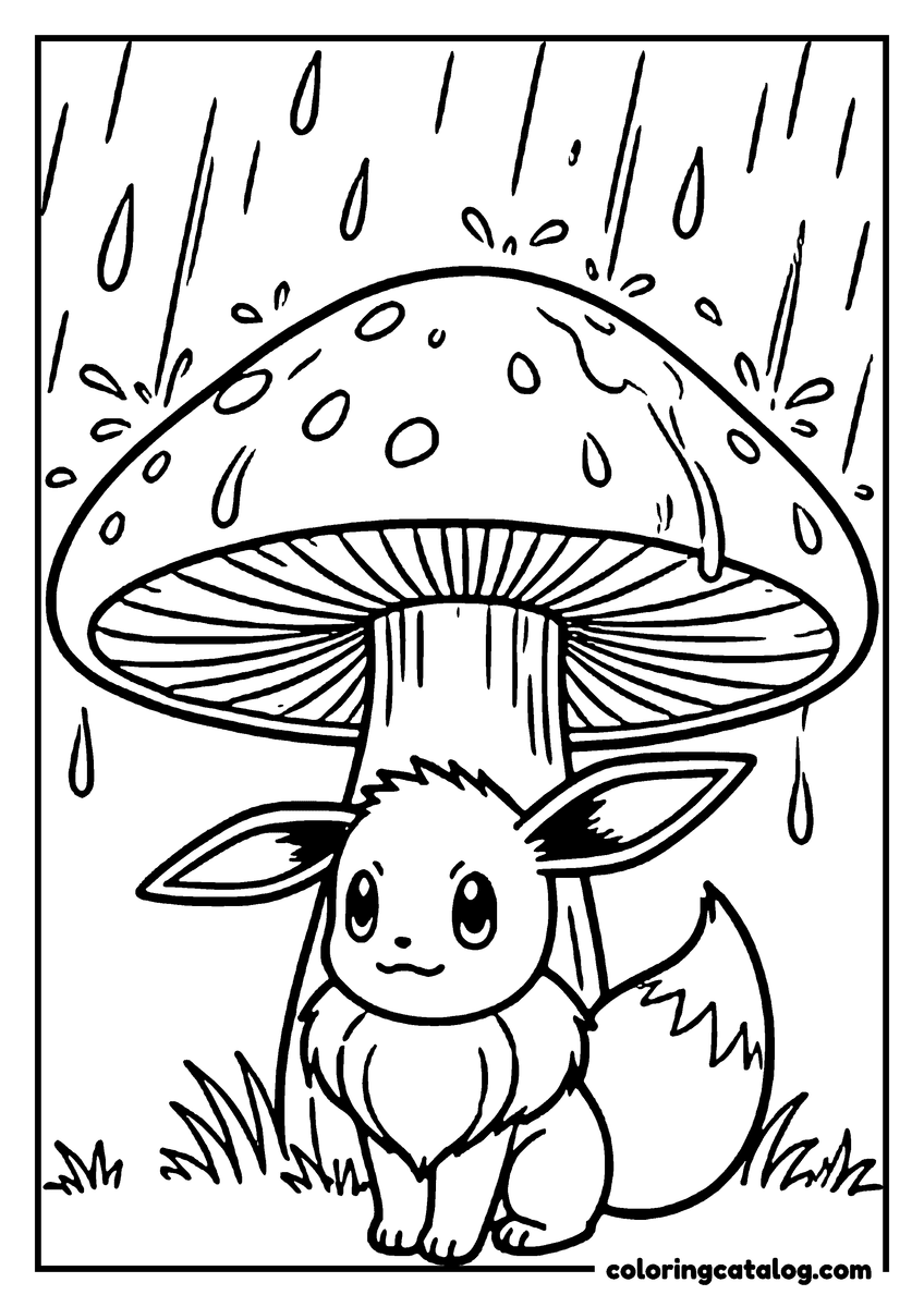 Printable coloring page: Eevee sitting under the cap of a large mushroom while rain falls around it