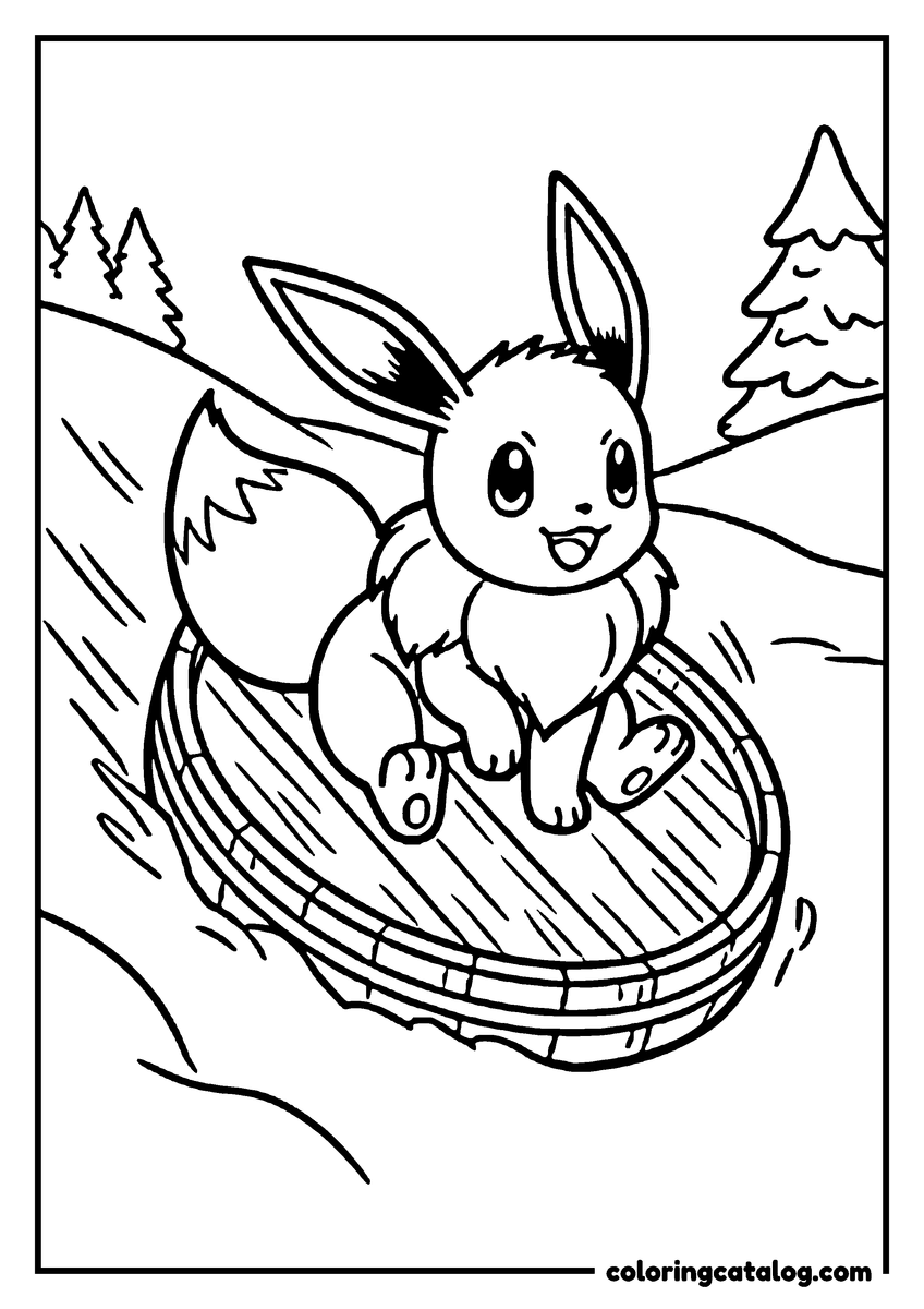 Printable coloring page: Eevee riding a round barrel lid down a snowy slope past the pine trees