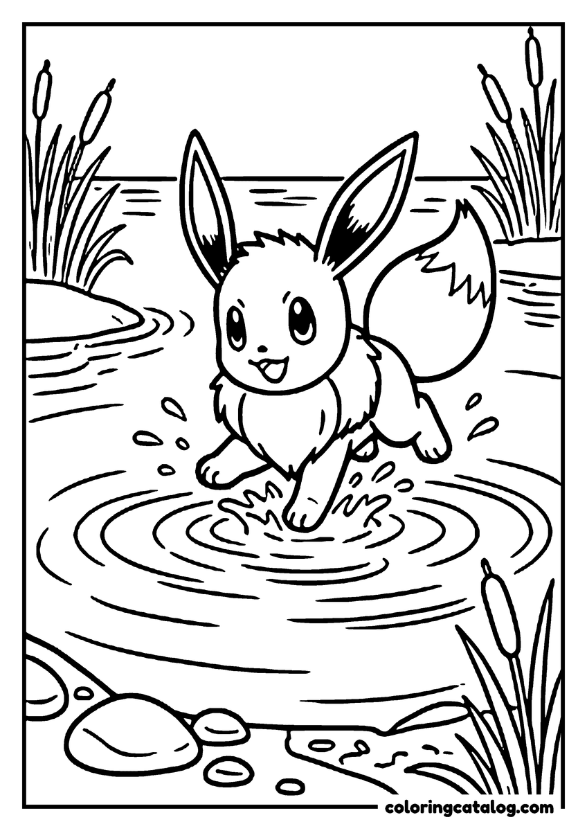 Free printable coloring sheet: Eevee playing in shallow pond water among tall reeds, ripples spreading out