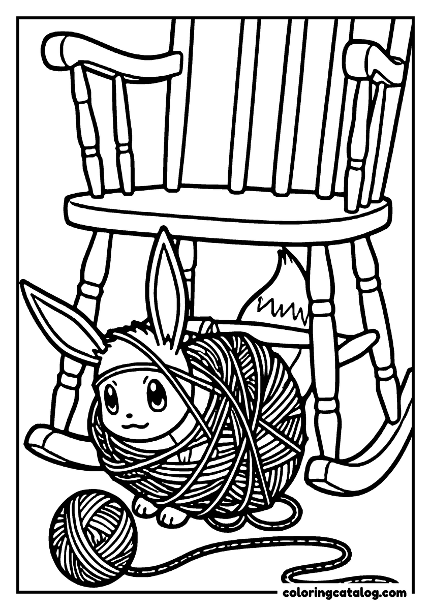 Free printable coloring sheet: Eevee wrapped in a ball of unravelling yarn beneath a wooden rocking chair