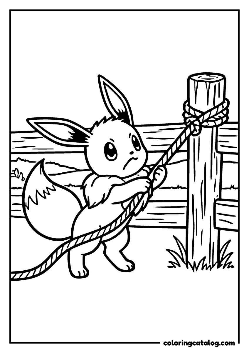 Free printable coloring sheet: Eevee pulling on a thick rope tied to a wooden fence post in a field