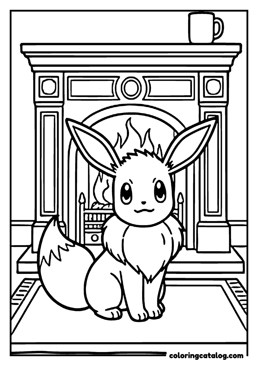 Printable coloring page: Eevee sitting in front of a lit fireplace with a mug on the mantelpiece
