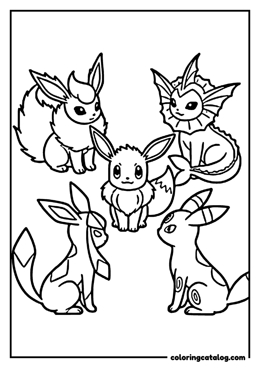 Free printable coloring sheet: Eevee sitting between Flareon, Vaporeon, Glaceon and Umbreon