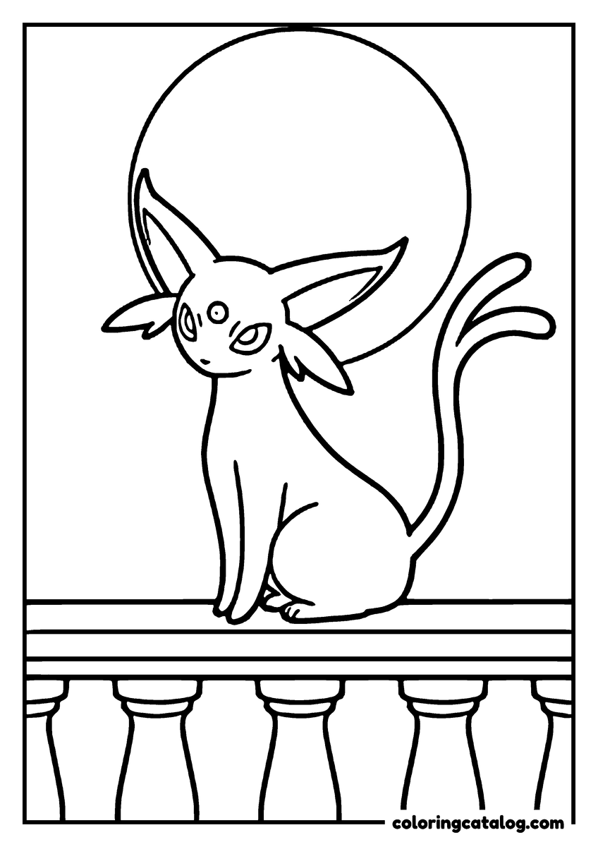 Eevee coloring page: Espeon sitting on a stone balcony rail with a full moon behind it