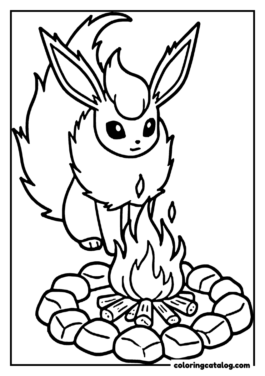 Printable Eevee coloring page: Flareon sitting behind a campfire ringed with stones