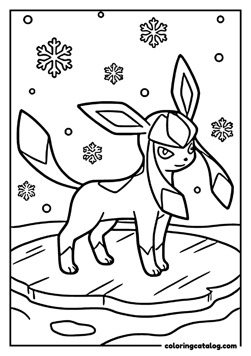 Printable Eevee coloring page: Glaceon standing on a frozen pond as snowflakes fall around it