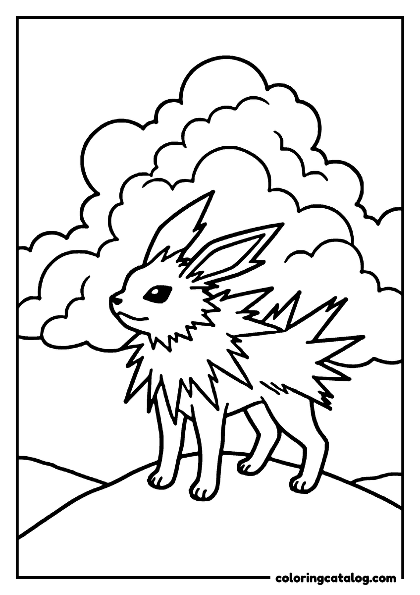 Printable Eevee coloring page: Jolteon standing on a grassy hilltop with its fur spiked, clouds massed behind