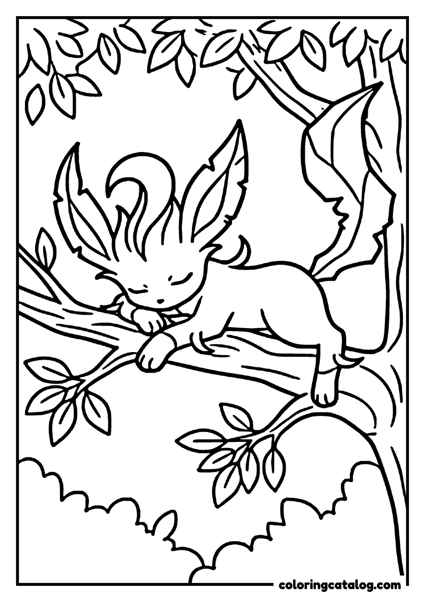 Eevee coloring page: Leafeon napping along a broad tree branch among the leaves