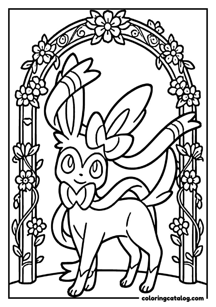 Free Eevee coloring sheet: Sylveon standing under a flowered arch with its ribbons trailing behind