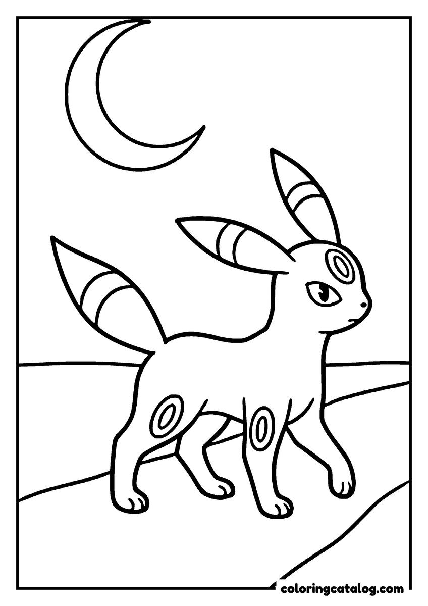 Eevee coloring page: Umbreon walking over a low rise under a crescent moon, rings marking its coat