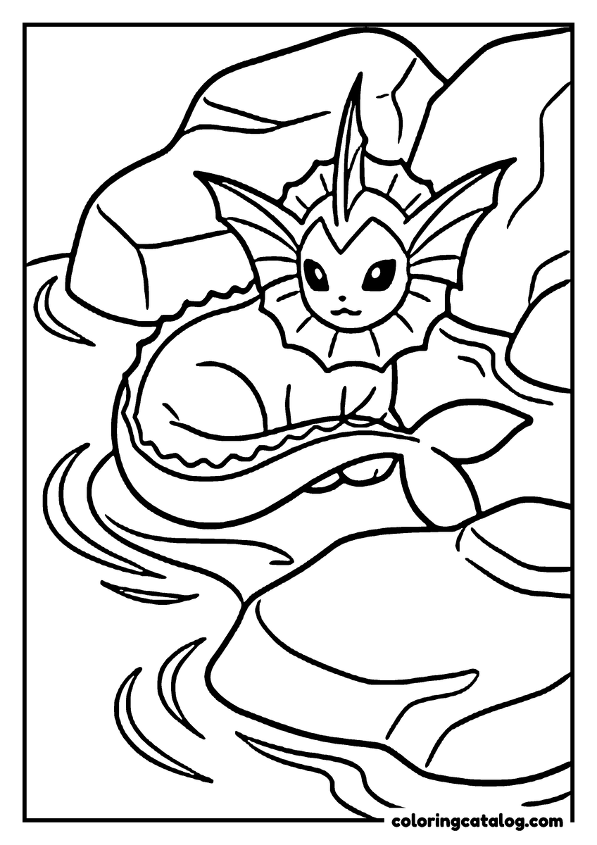 Printable Eevee coloring page: Vaporeon resting in a rock pool with ripples spreading between the boulders