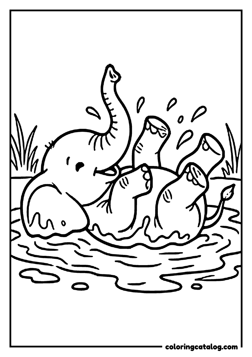 Printable coloring page: A baby elephant rolling on its back in a mud wallow with its legs in the air, trunk raised