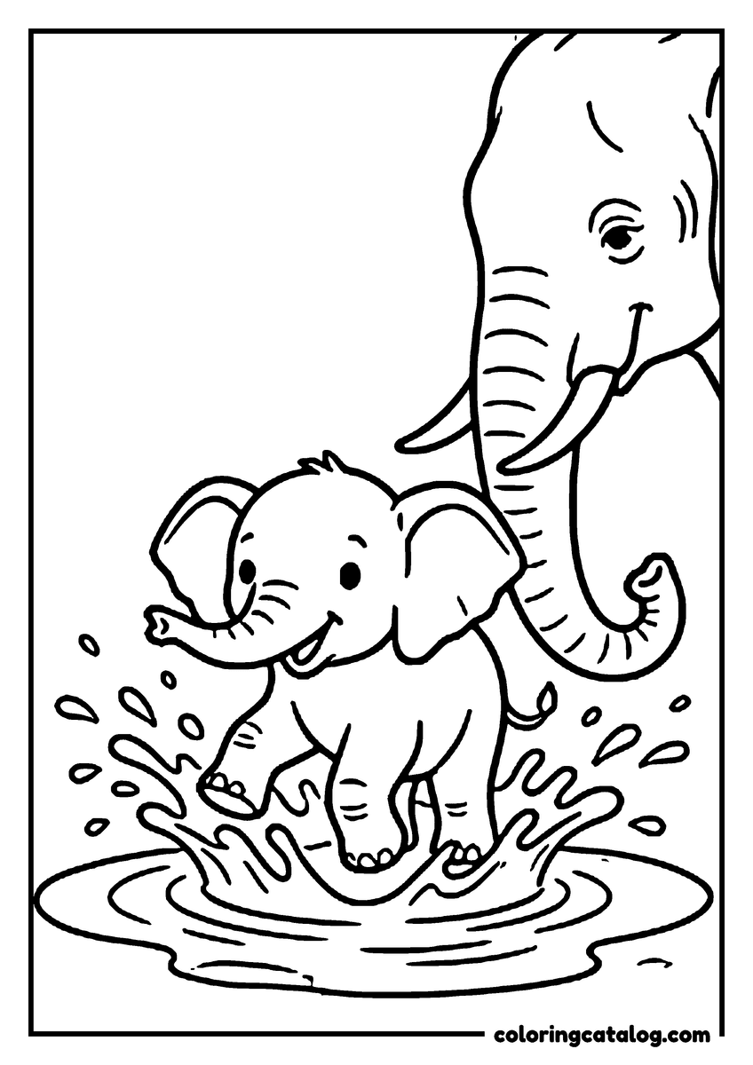 Free printable coloring sheet: A happy baby elephant splashing in a puddle while its mother watches from behind