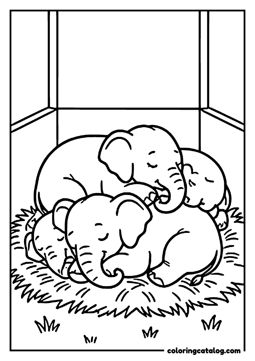 Printable coloring page: Three baby elephants piled together asleep on a bed of straw