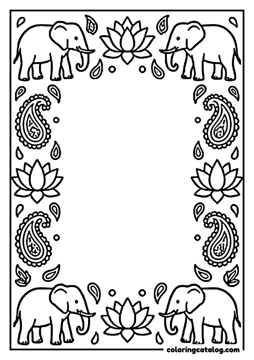Printable coloring page: A page border of little elephants, lotus flowers and paisley drops around an open center