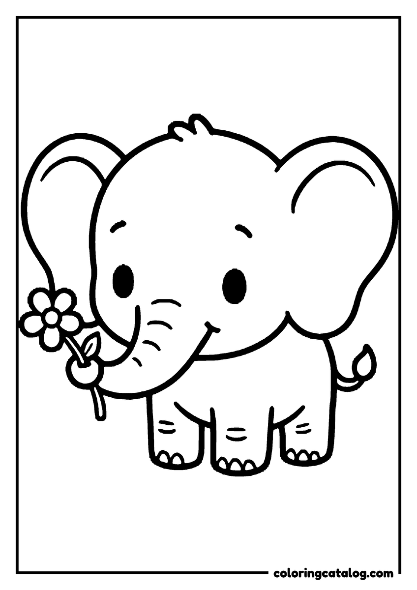 Coloring page: A cute chibi baby elephant with a big head and tiny feet holding a flower in its trunk