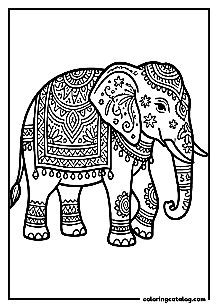 Coloring page: An Indian elephant wearing a richly patterned blanket, with painted ears and decorated legs