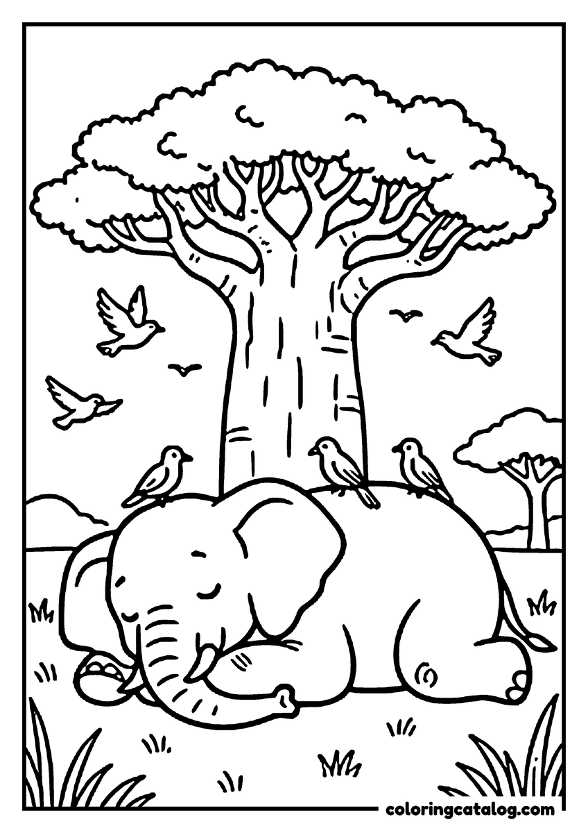 Coloring page: An elephant lying asleep under a baobab tree with little birds resting on its back