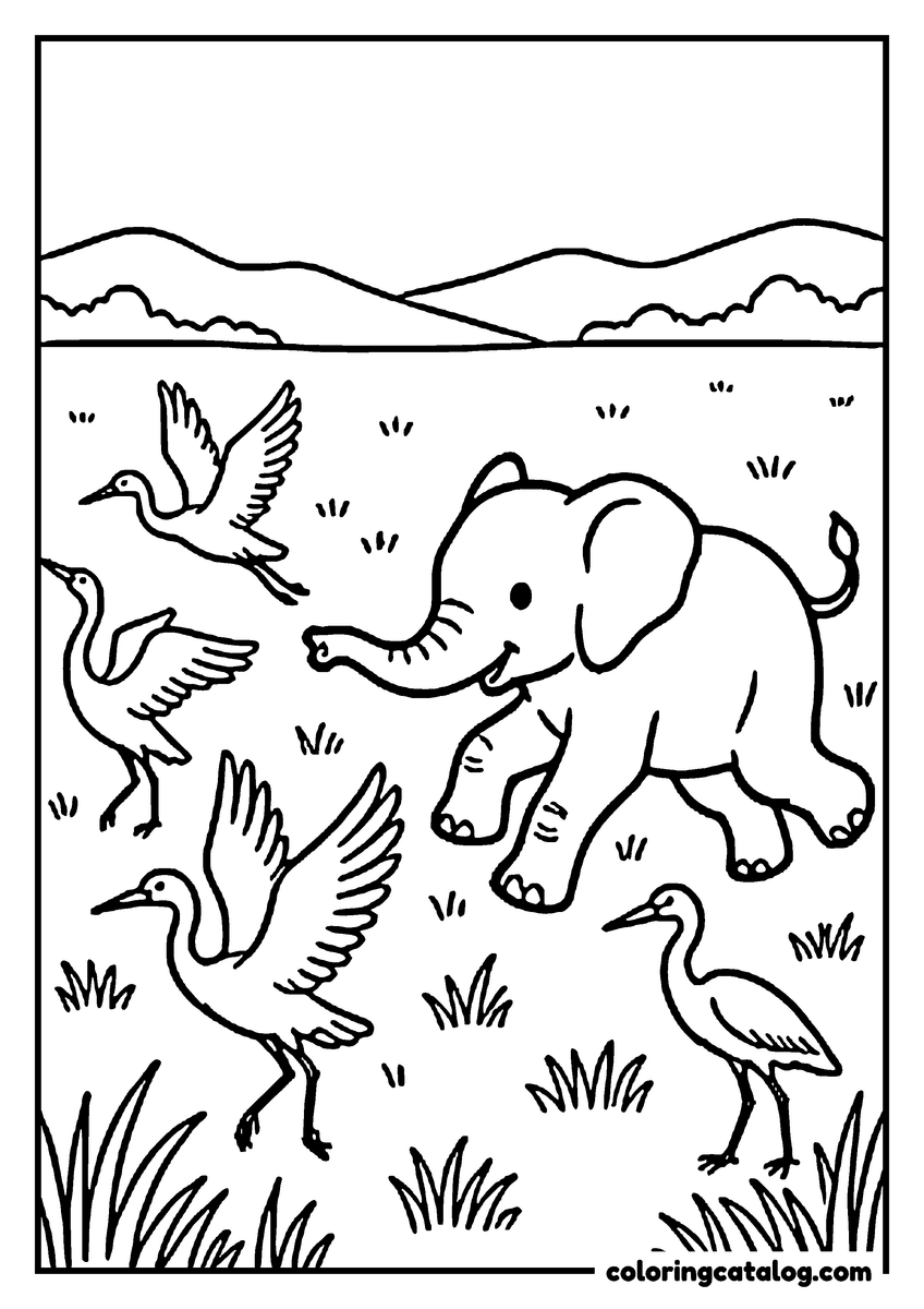 Printable coloring page: An elephant calf running after a flock of egrets across short grass