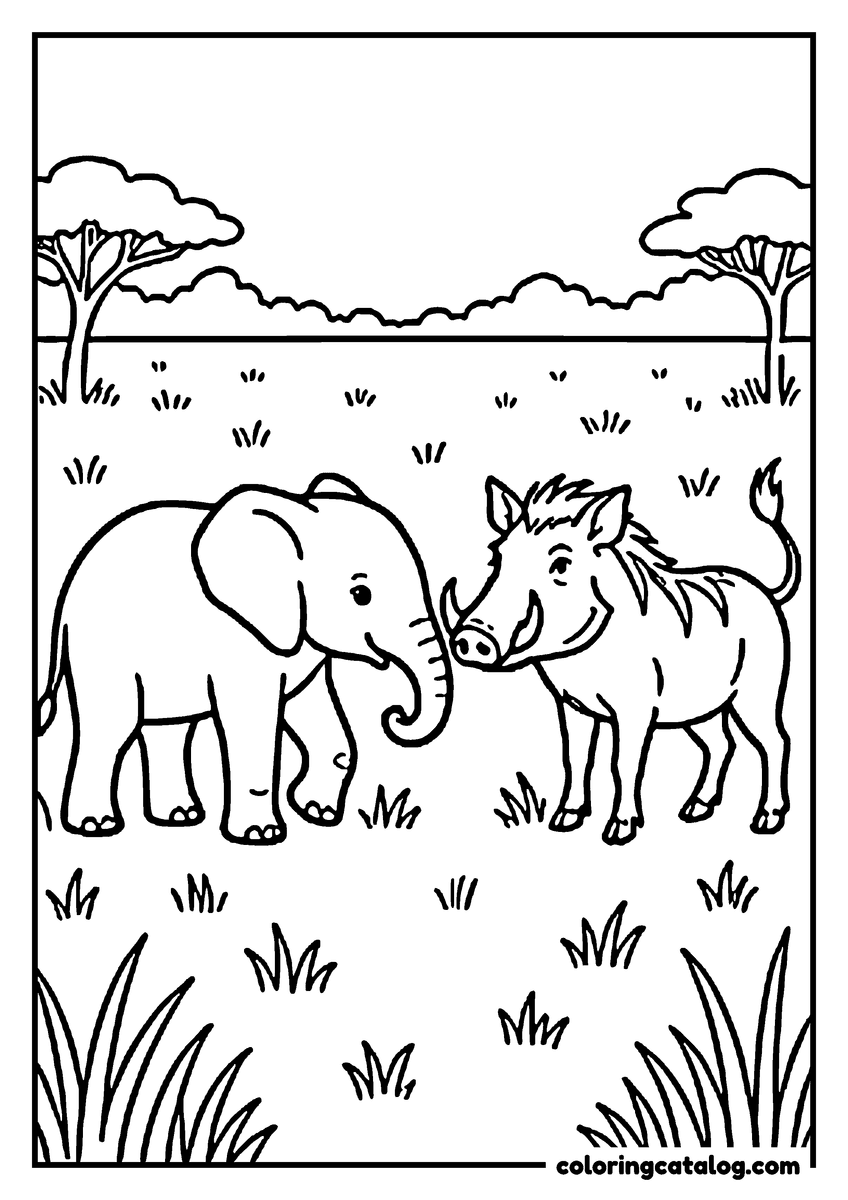 Free printable coloring sheet: An elephant calf and a warthog meeting nose to nose in the grass