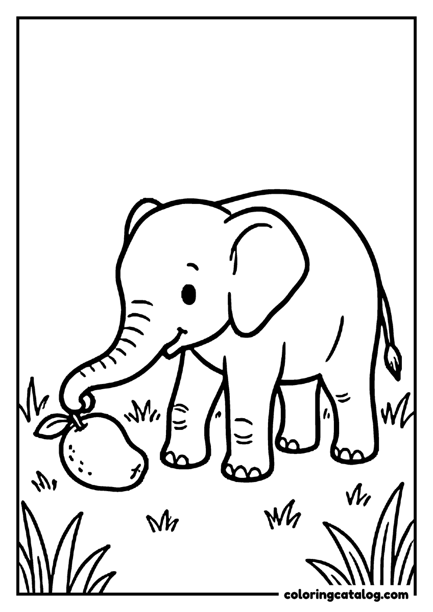 Printable coloring page: A young elephant calf curling its trunk around a fruit lying in the grass