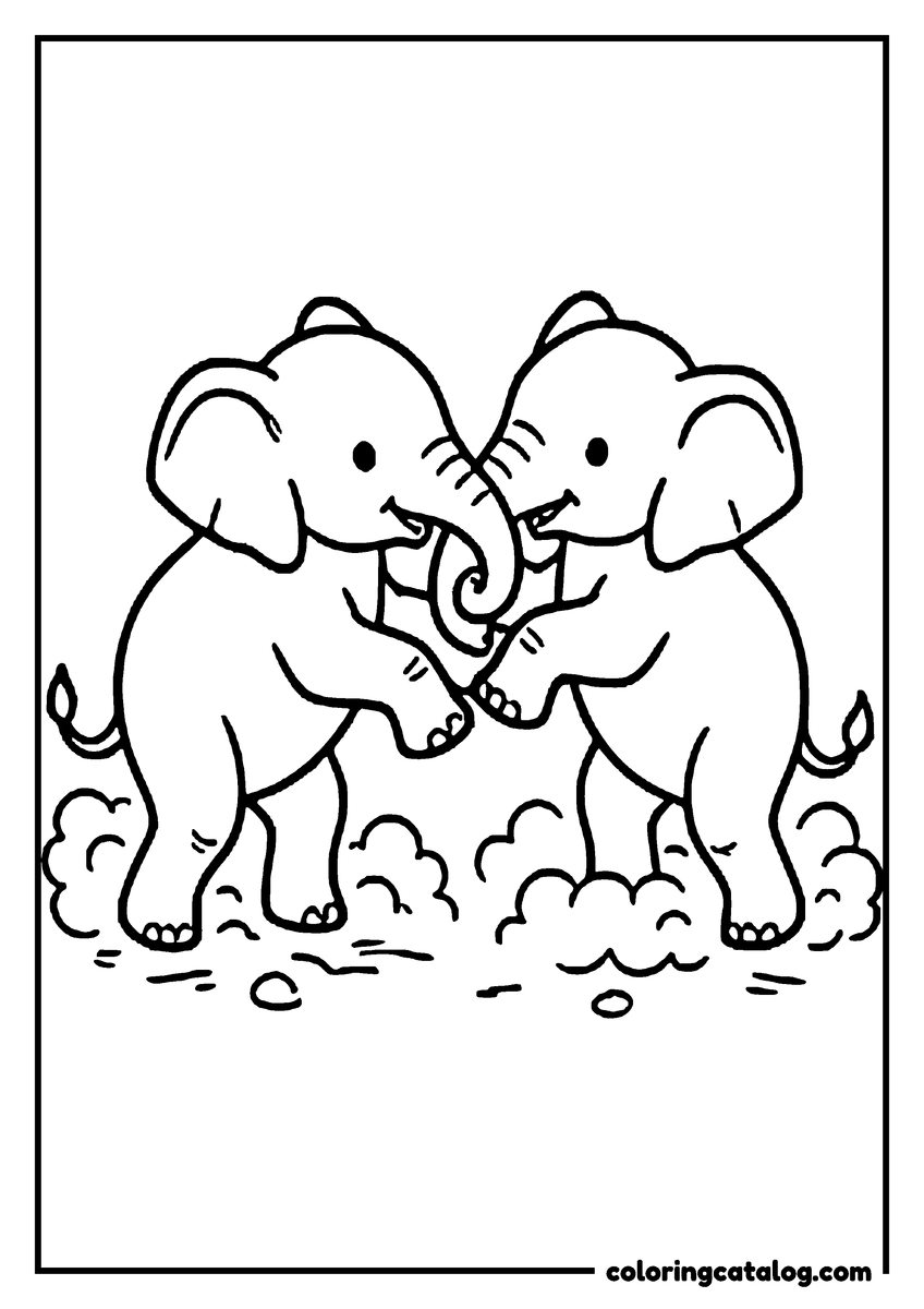 Coloring page: Two elephant calves standing up and play wrestling with their trunks in a dusty clearing