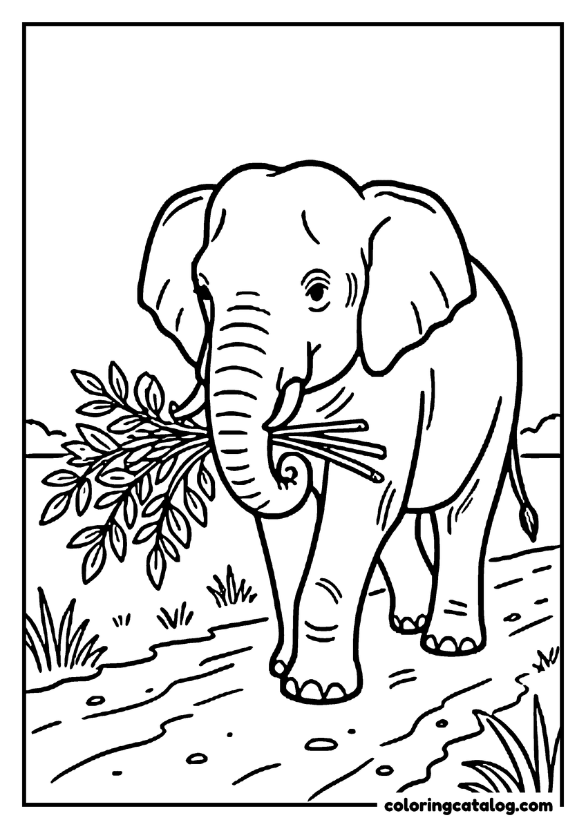 Coloring page: An elephant carrying a bundle of leafy branches in its trunk along a dusty track