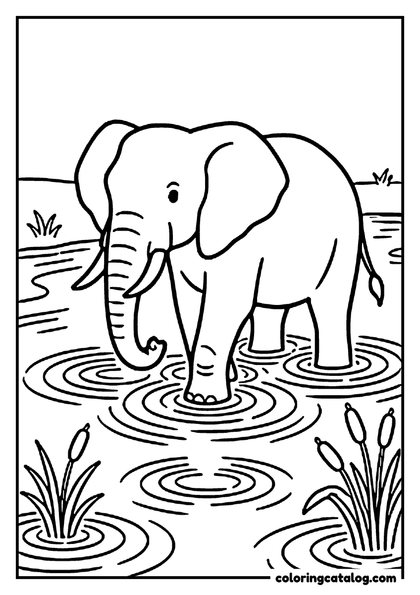 Coloring page: An elephant wading across a shallow river, ripples circling its legs and reeds on the bank