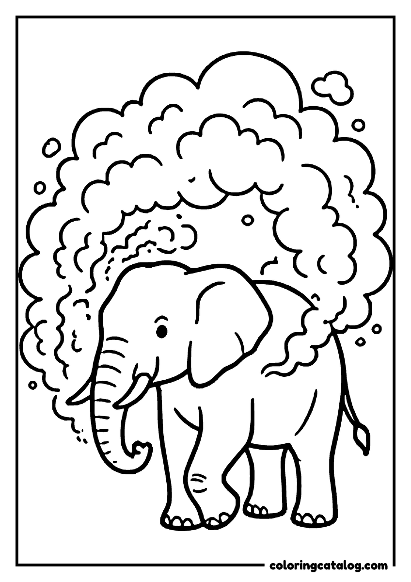 Free printable coloring sheet: An elephant throwing a cloud of dust over itself, the dust drawn as big swirling puffs