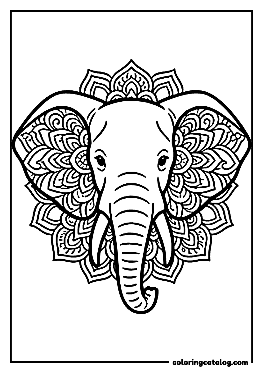 Free printable coloring sheet: An elephant head facing forward, its open ears filled with symmetrical mandala petals