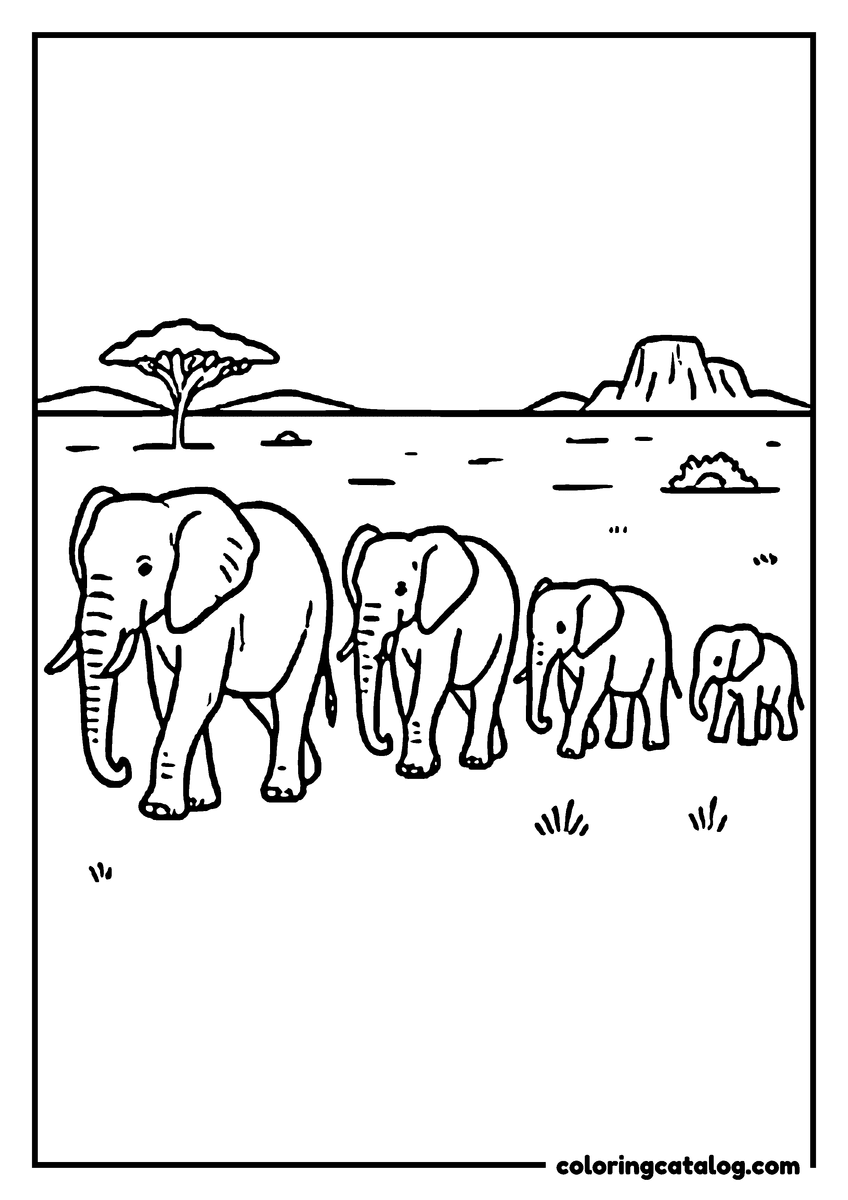 Free printable coloring sheet: A herd of elephants walking in a line across a plain, from the biggest to the smallest calf at the back
