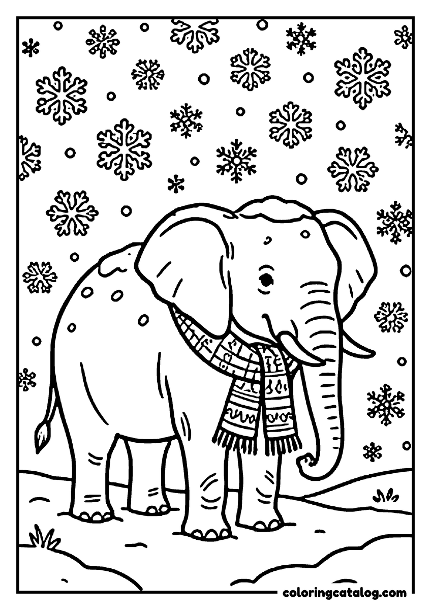 Coloring page: An elephant in a knitted scarf standing in the snow as snowflakes fall