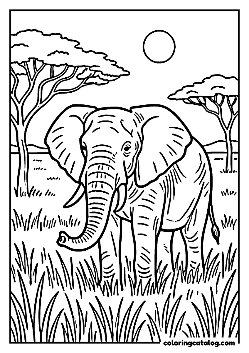 Coloring page: An African elephant standing in tall savanna grass under acacia trees, its wrinkles drawn in fine lines