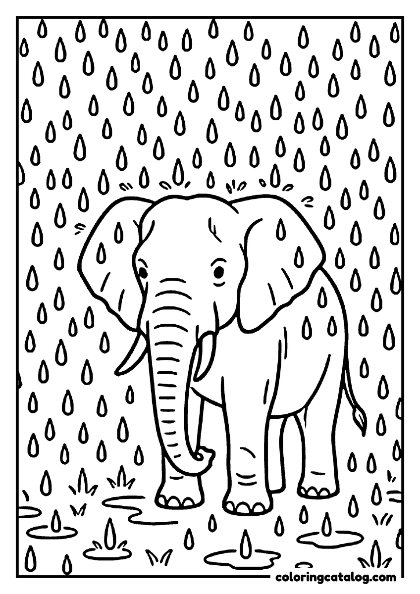 Free printable coloring sheet: An elephant standing still in the pouring rain, raindrops falling all around it