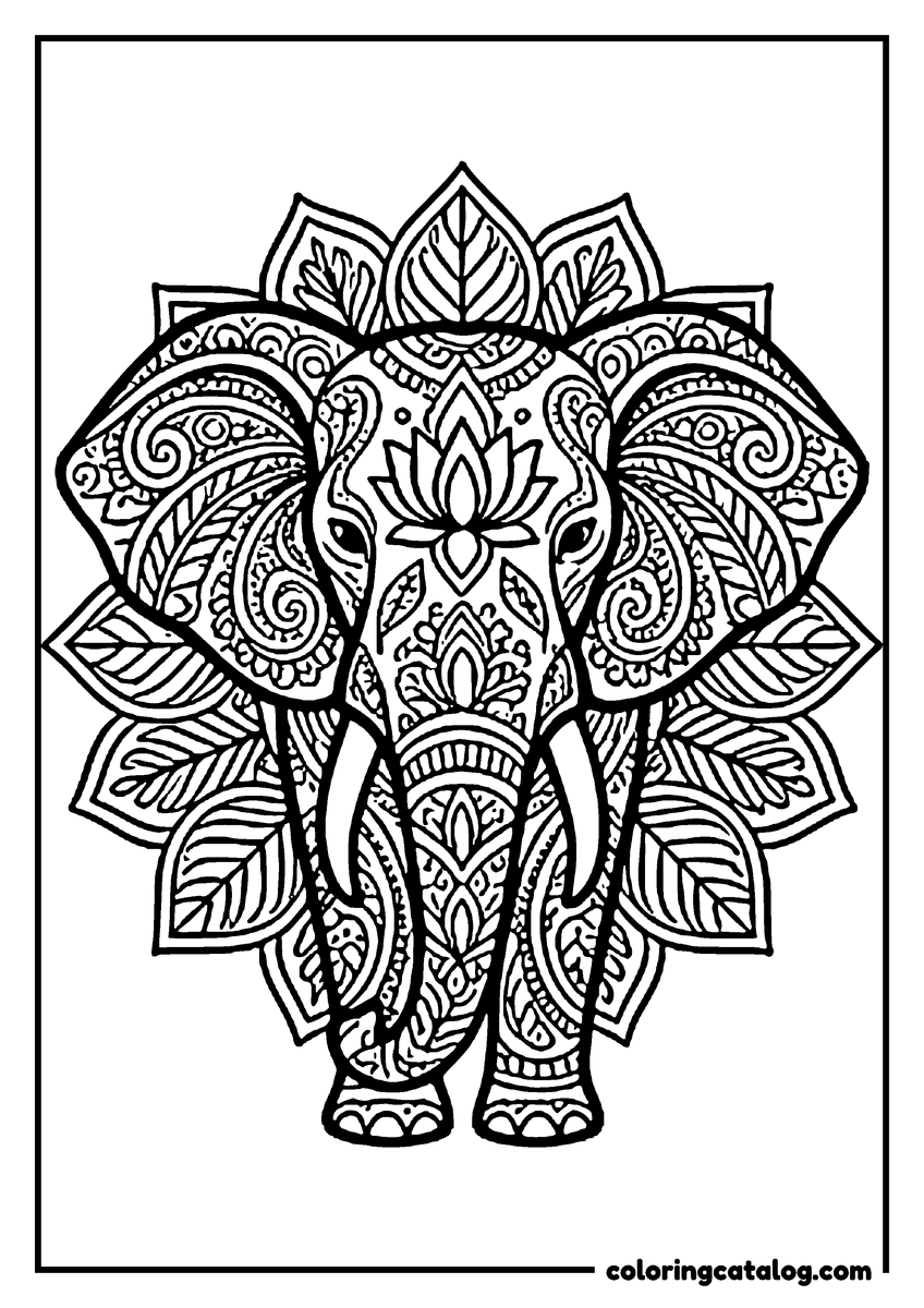 Free printable coloring sheet: An elephant facing forward filled with paisley and lotus patterns inside a mandala of leaves