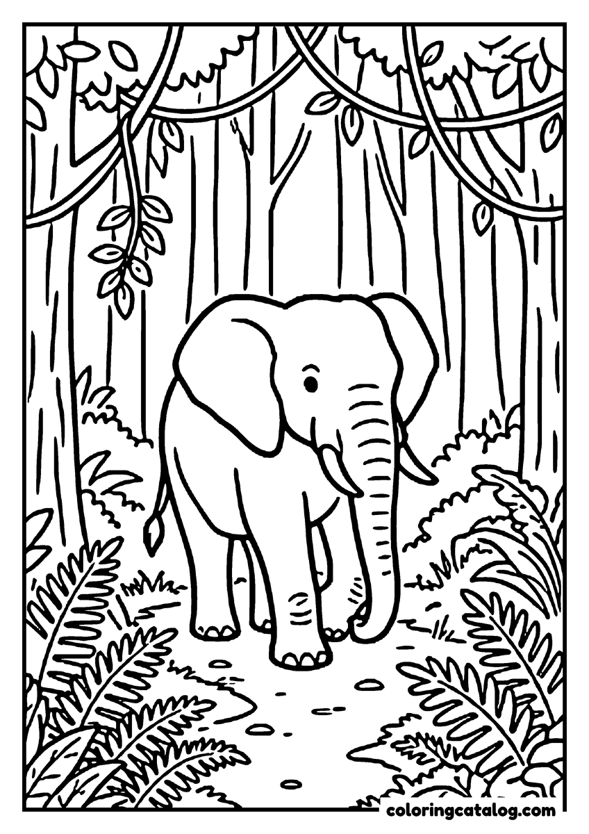 Free printable coloring sheet: An elephant walking along a forest path among ferns and hanging vines