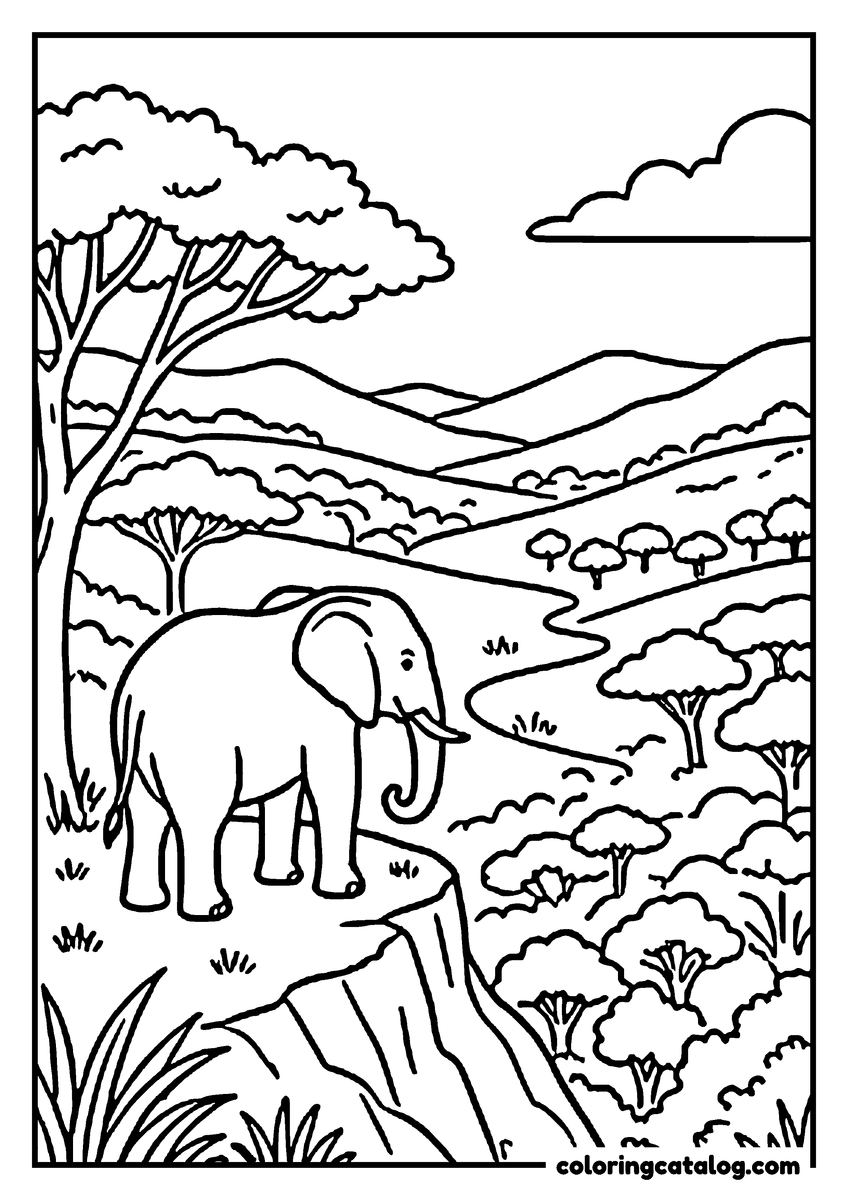 Printable coloring page: An elephant standing on a rocky ridge looking over a valley of trees and hills