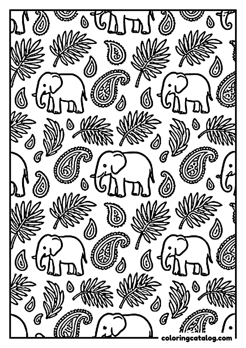 Free printable coloring sheet: A repeating pattern of small elephants, paisley drops and palm leaves covering the page