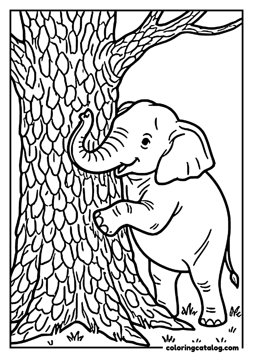 Coloring page: An elephant rubbing its side against the rough flaky bark of a big tree trunk