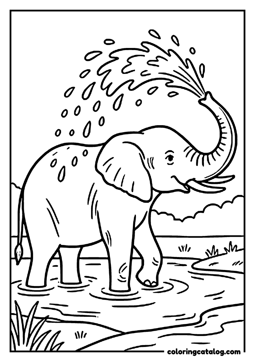Printable coloring page: An elephant standing in a waterhole and spraying water from its trunk over its own back